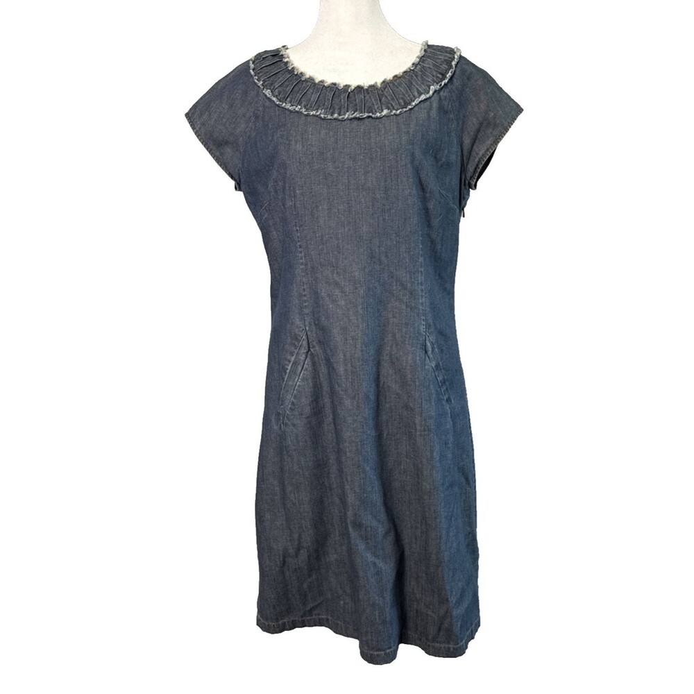 Boden Denim Shift Knee Length Lined Boat Neck Dress 8L Frayed Collar Indie Retro